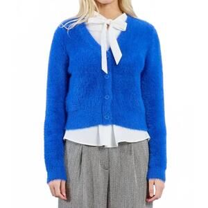 NEW MOLLY BRACKEN fluffy button-down cardigan in royal blue
